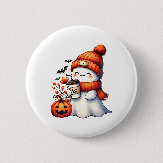 Cute Ghost Drinking Coffee Halloween Ghost Coffee  Button (Front)