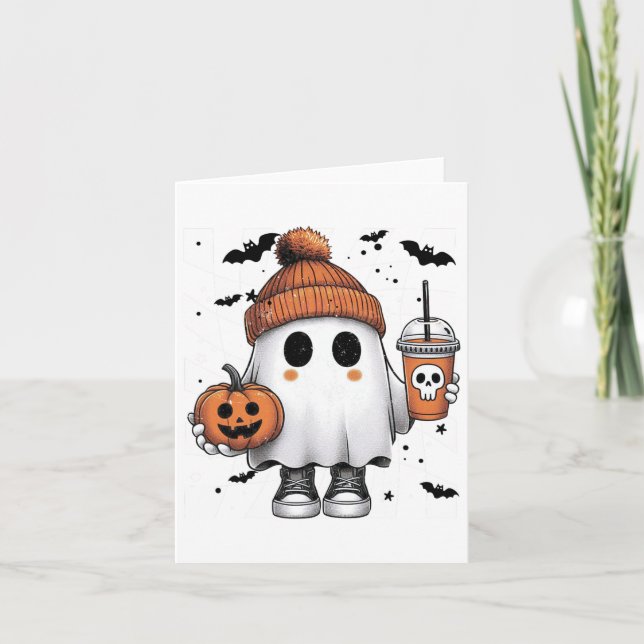 Cute Ghost Drinking Coffee Halloween Ghost Coffee  Card (Front)