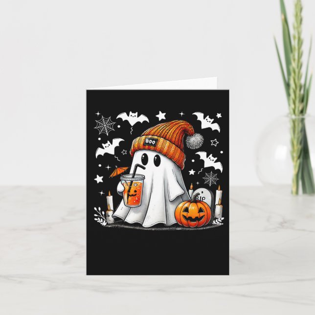 Cute Ghost Drinking Coffee Halloween Ghost Coffee  Card (Front)
