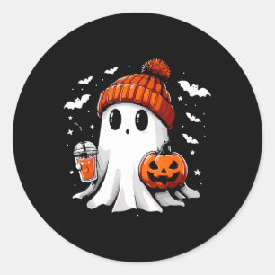 Cute Ghost Drinking Coffee Halloween Ghost Coffee Classic Round Sticker