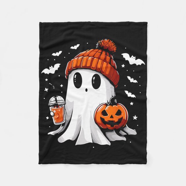Cute Ghost Drinking Coffee Halloween Ghost Coffee  Fleece Blanket (Front)