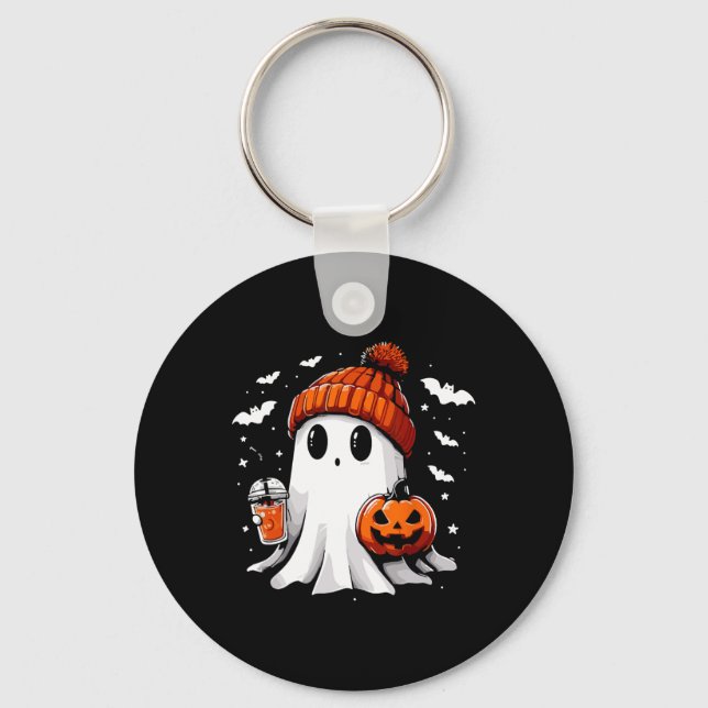 Cute Ghost Drinking Coffee Halloween Ghost Coffee  Keychain (Front)