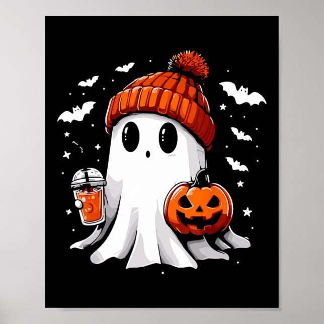 Cute Ghost Drinking Coffee Halloween Ghost Coffee  Poster (Front)