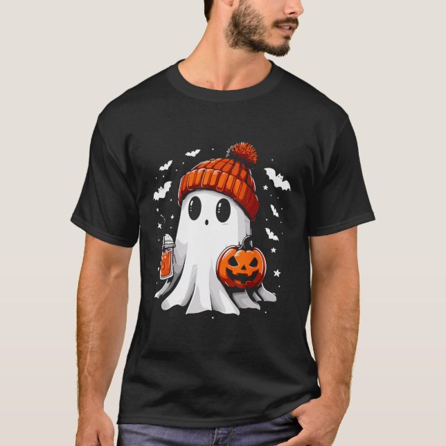 Cute Ghost Drinking Coffee Halloween Ghost Coffee  T-Shirt (Front)