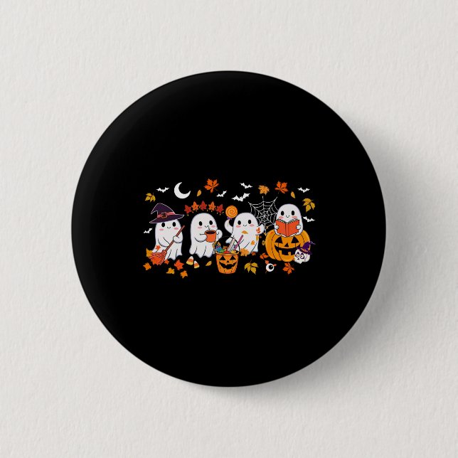 Cute Ghost Drinking Coffee Halloween Ghost Fall Bo Button (Front)