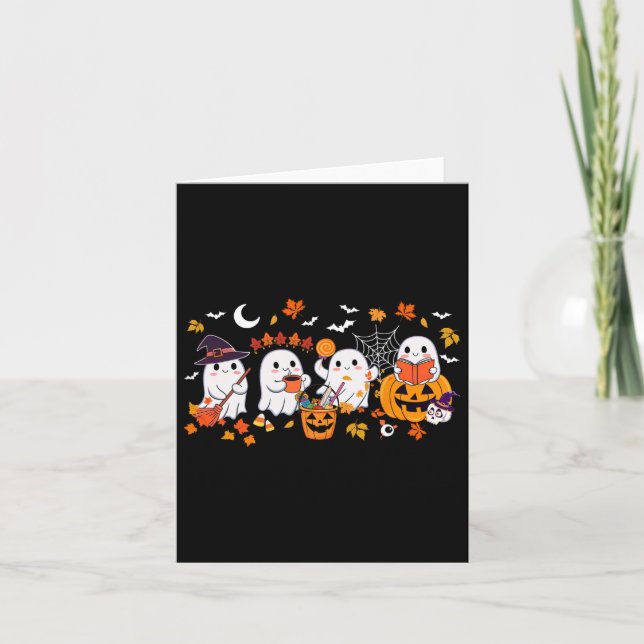Cute Ghost Drinking Coffee Halloween Ghost Fall Bo Card (Front)