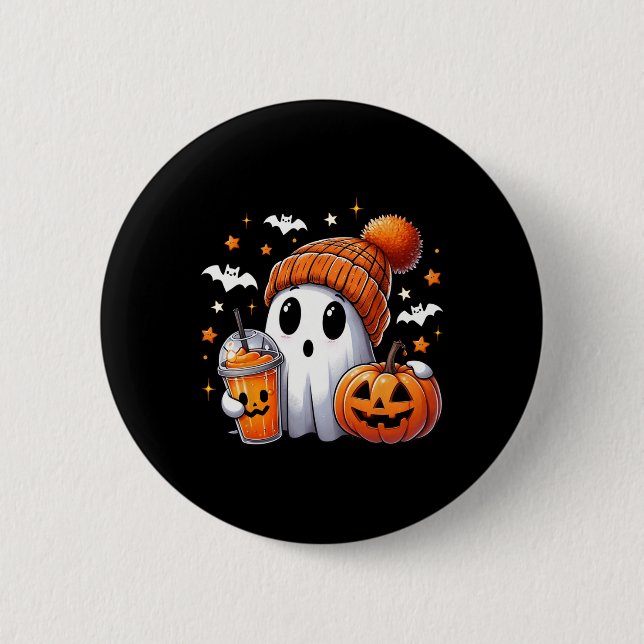 Cute Ghost Drinking Coffee Halloween Ghost Ice Cof Button (Front)
