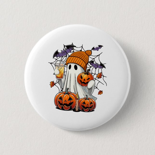 Cute Ghost Drinking Coffee Halloween Ghost Ice Cof Button (Front)