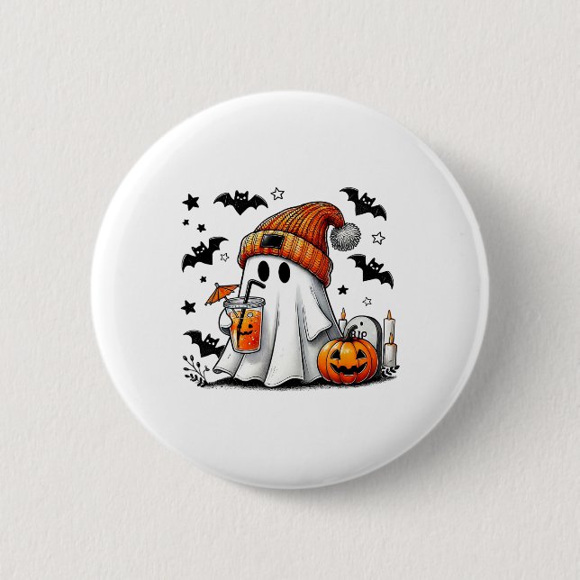 Cute Ghost Drinking Coffee Halloween Ghost Ice Cof Button (Front)
