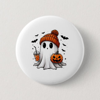 Cute Ghost Drinking Coffee Halloween Ghost Ice Cof Button