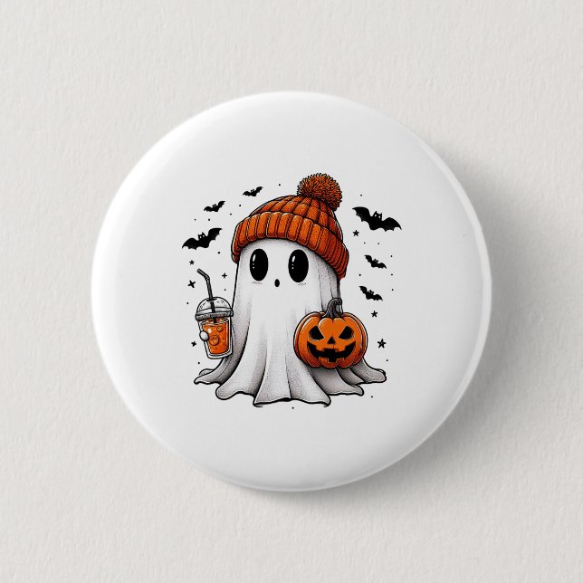 Cute Ghost Drinking Coffee Halloween Ghost Ice Cof Button (Front)