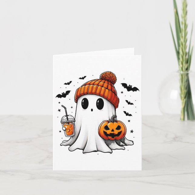 Cute Ghost Drinking Coffee Halloween Ghost Ice Cof Card (Front)