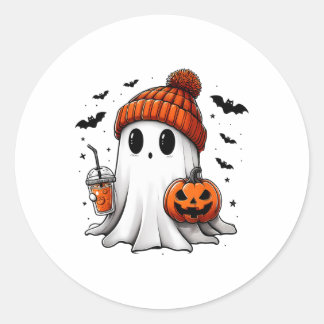 Cute Ghost Drinking Coffee Halloween Ghost Ice Cof Classic Round Sticker