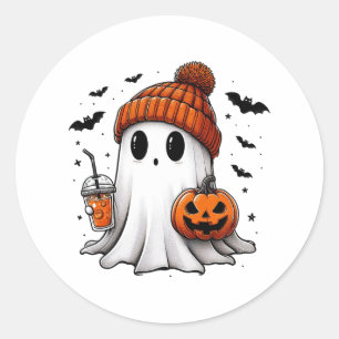Cute Ghost Drinking Coffee Halloween Ghost Ice Cof Classic Round Sticker