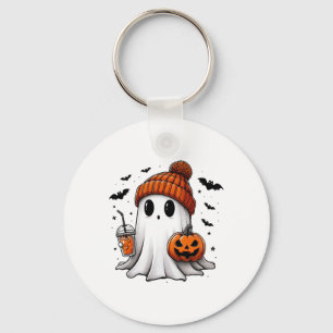 Cute Ghost Drinking Coffee Halloween Ghost Ice Cof Keychain