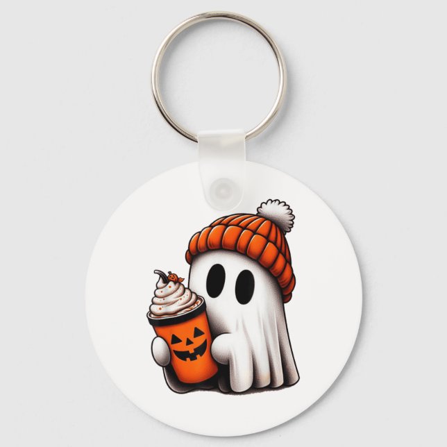 Cute Ghost Drinking Coffee Halloween Ghost Ice Cof Keychain (Front)
