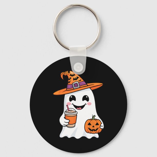 Cute Ghost Drinking Coffee Halloween Ghost Ice Cof Keychain (Front)