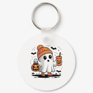 Cute Ghost Drinking Coffee Halloween Ghost Ice Cof Keychain