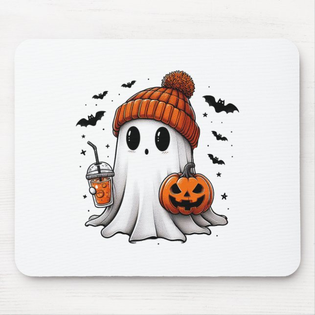 Cute Ghost Drinking Coffee Halloween Ghost Ice Cof Mouse Pad (Front)