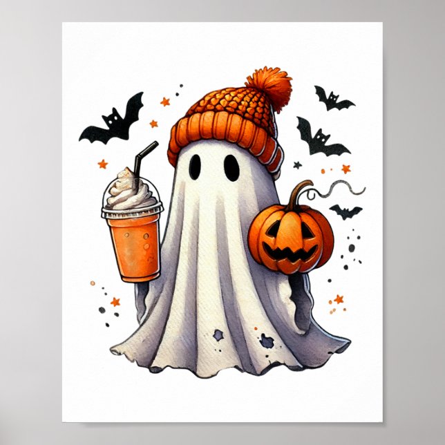 Cute Ghost Drinking Coffee Halloween Ghost Ice Cof Poster (Front)