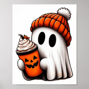 Cute Ghost Drinking Coffee Halloween Ghost Ice Cof Poster