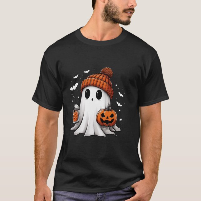 Cute Ghost Drinking Coffee Halloween Ghost Ice Cof T-Shirt (Front)