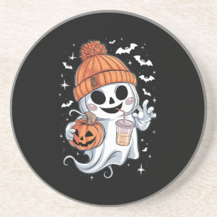 Cute Ghost Drinking Coffee Halloween Iced Coffee Coaster