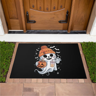 Cute Ghost Drinking Coffee Halloween Iced Coffee Doormat