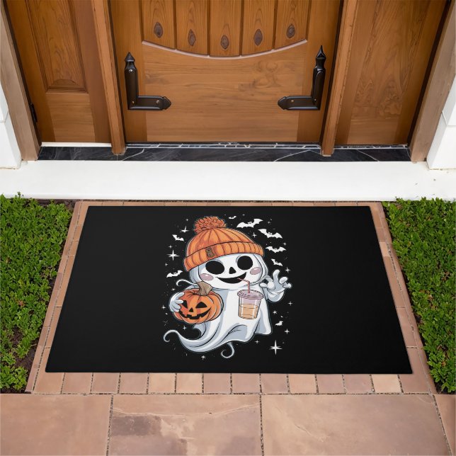 Cute Ghost Drinking Coffee Halloween Iced Coffee Doormat (Outdoor)