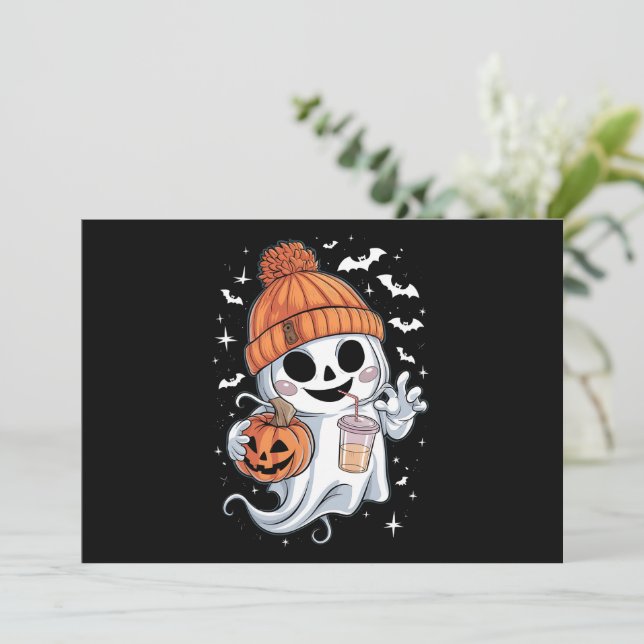 Cute Ghost Drinking Coffee Halloween Iced Coffee Holiday Card (Standing Front)