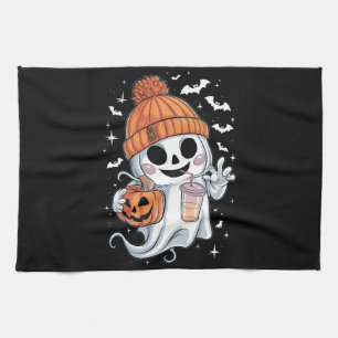 Cute Ghost Drinking Coffee Halloween Iced Coffee Kitchen Towel