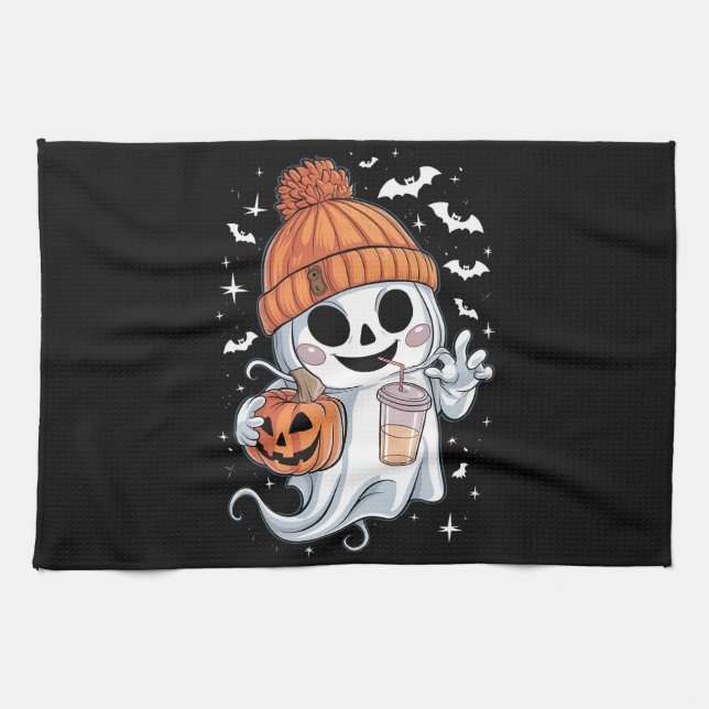 Cute Ghost Drinking Coffee Halloween Iced Coffee Kitchen Towel (Horizontal)