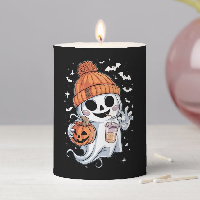 Cute Ghost Drinking Coffee Halloween Iced Coffee Pillar Candle (In Situ)