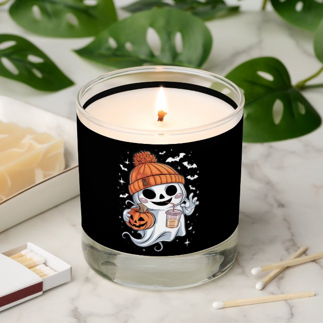 Cute Ghost Drinking Coffee Halloween Iced Coffee Scented Candle (Lit)