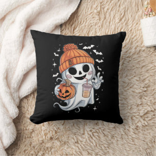 Cute Ghost Drinking Coffee Halloween Iced Coffee Throw Pillow