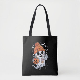 Cute Ghost Drinking Coffee Halloween Iced Coffee Tote Bag
