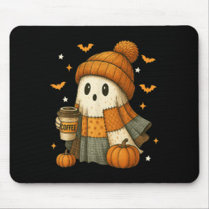 Cute Ghost Drinking Coffee Halloween Patchwork Gho Mouse Pad