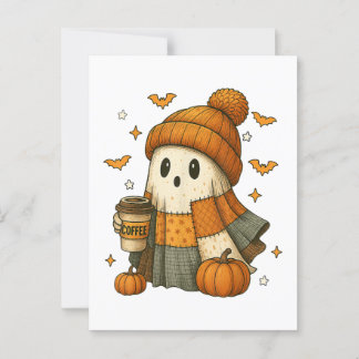 Cute Ghost Drinking Coffee Halloween Postcard