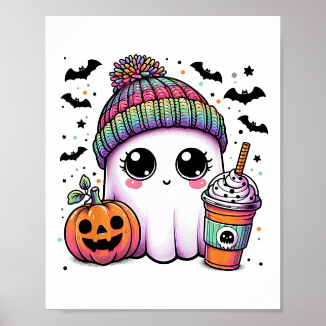 Cute Ghost Drinking Coffee Latte Ghost Boo Hallowe Poster (Front)