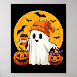 Cute Ghost Drinking Coffee Pumpkin Boo Funny Hallo Poster