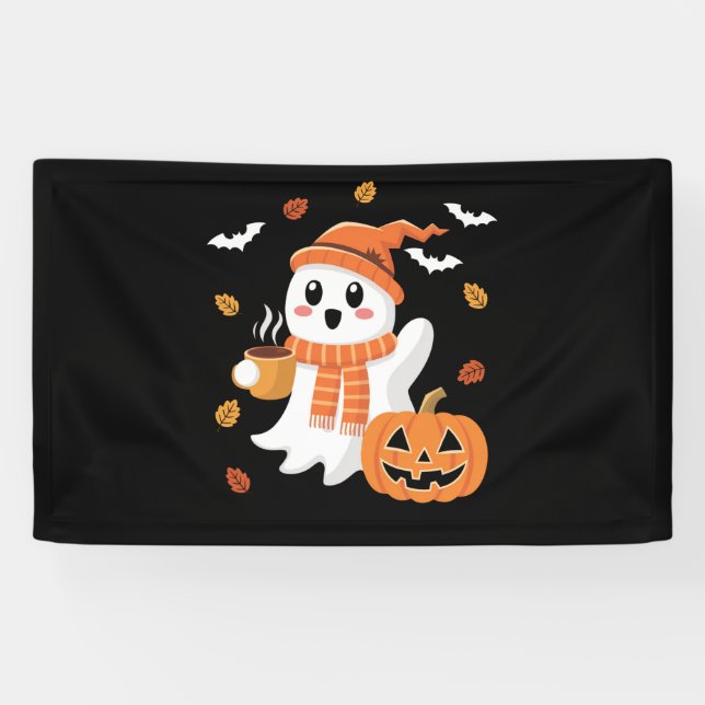 Cute Ghost Drinking Ice Coffee Halloween  Banner (Horizontal)