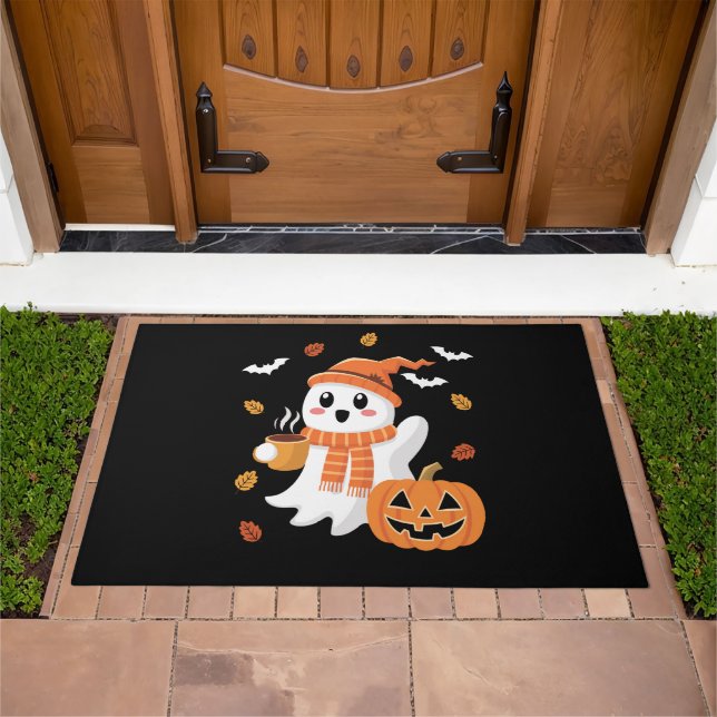 Cute Ghost Drinking Ice Coffee Halloween  Doormat (Outdoor)