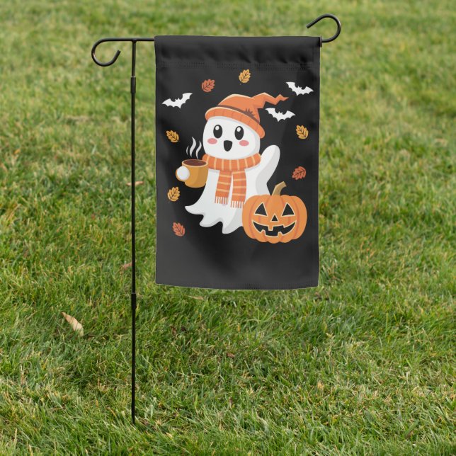 Cute Ghost Drinking Ice Coffee Halloween  Garden Flag (In SItu)