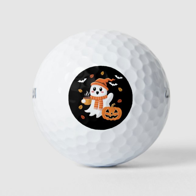 Cute Ghost Drinking Ice Coffee Halloween  Golf Balls (Front)