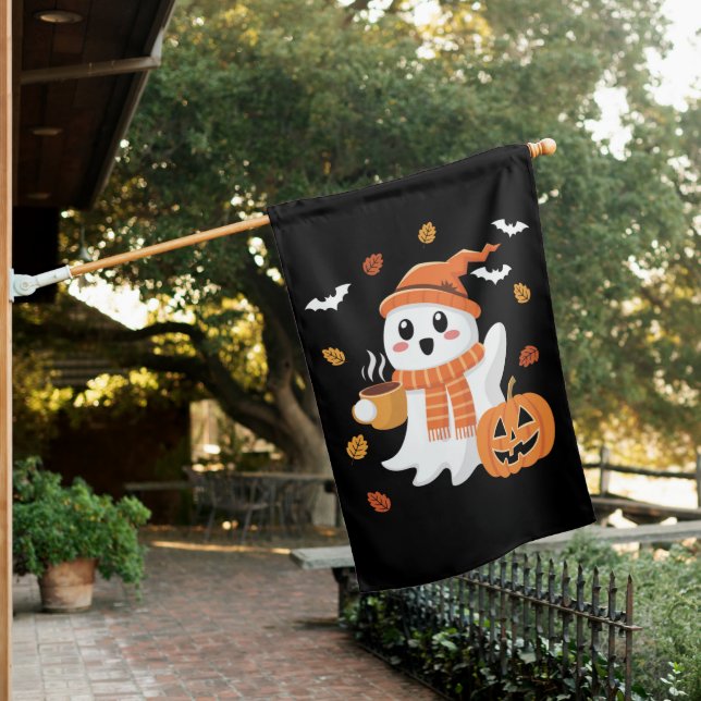Cute Ghost Drinking Ice Coffee Halloween  House Flag (In SItu)