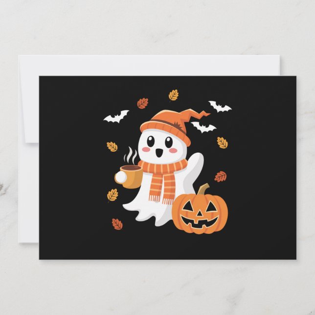 Cute Ghost Drinking Ice Coffee Halloween  Invitation (Front)