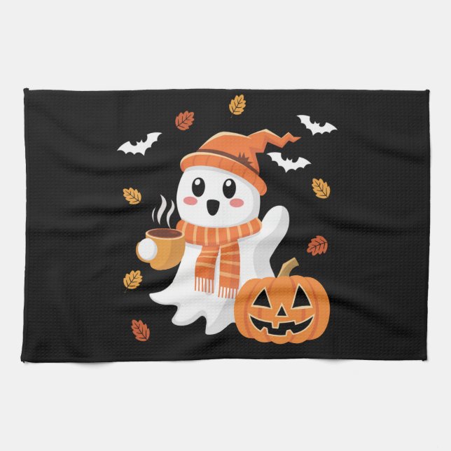 Cute Ghost Drinking Ice Coffee Halloween  Kitchen Towel (Horizontal)