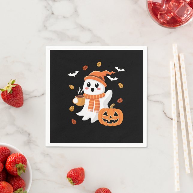 Cute Ghost Drinking Ice Coffee Halloween  Napkins (Insitu)