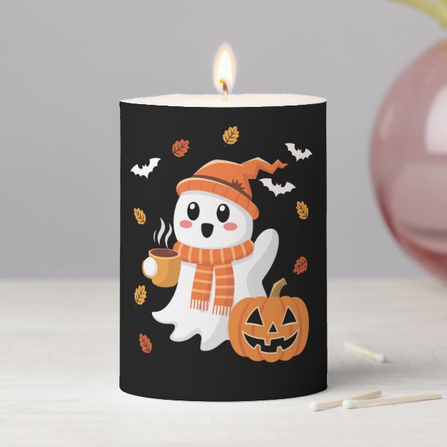 Cute Ghost Drinking Ice Coffee Halloween  Pillar Candle (In Situ)