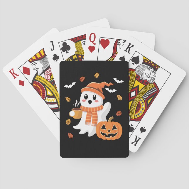 Cute Ghost Drinking Ice Coffee Halloween  Poker Cards (Back)